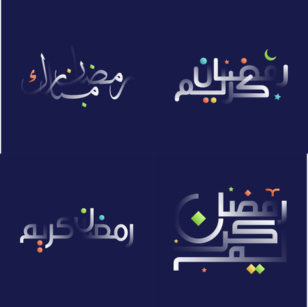 Modern White Glossy Ramadan Kareem Calligraphy Pack with Colorful Geometric and Floral Design Elementsのイラスト素材