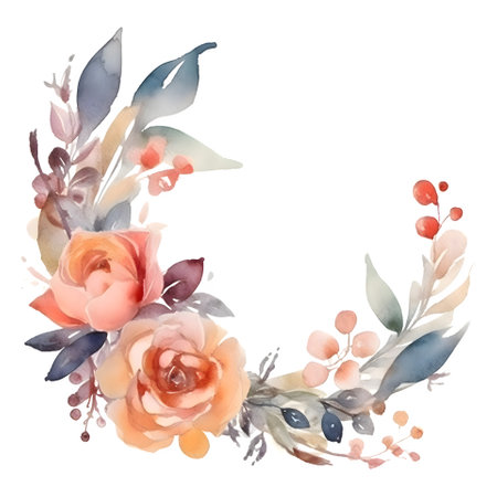 Rustic Greenery and Flower Round Frame Design for Summer Weddings and Events. Peonies; Roses; and Leaves in Mint and Green Tones. Watercolor White Backgroundの素材