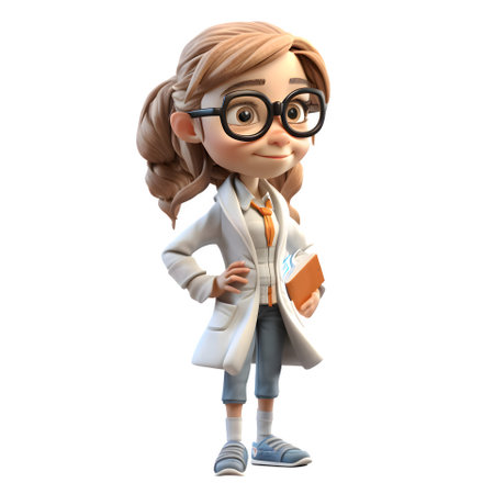 3d illustration of a cartoon character with glasses and a white coatの素材