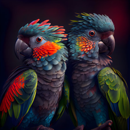 Beautiful colorful parrots on a dark background. 3d renderingの素材