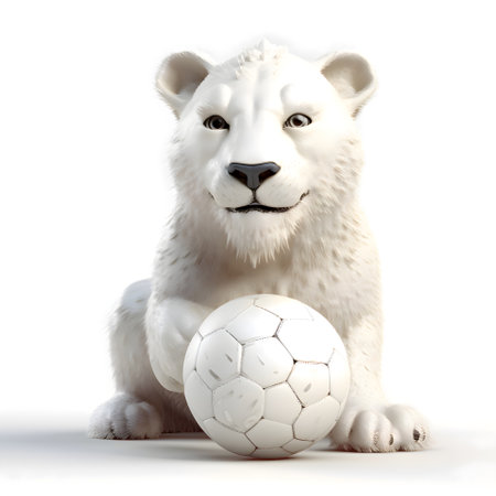 White polar bear with soccer ball isolated on white background. 3D illustration.の素材