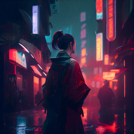 Cyberpunk girl in the city at night; 3d rendering.の素材