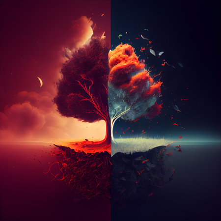 Collage of two images of a burning tree. illustration.の素材