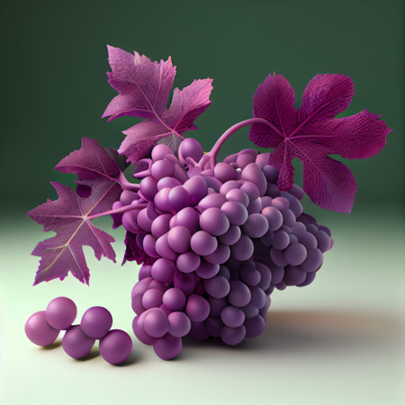 purple grapes with leaves on a green background. 3d illustrationの素材