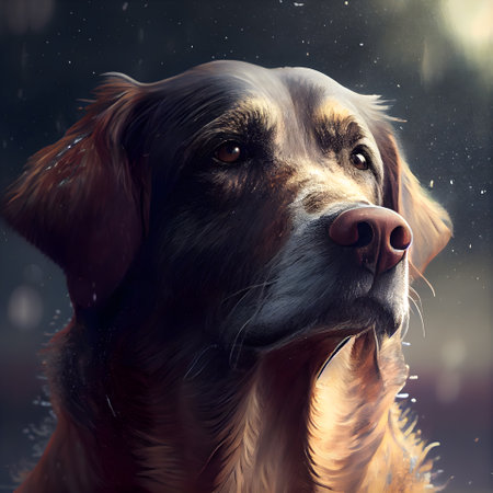 Portrait of a Retriever dog on a background of rainの素材