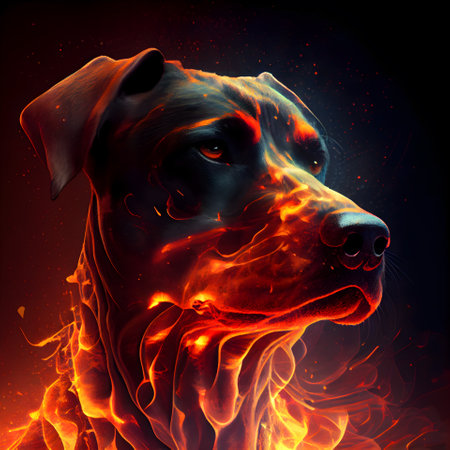 Digital painting of a dog's head in fire and flames on black backgroundの素材