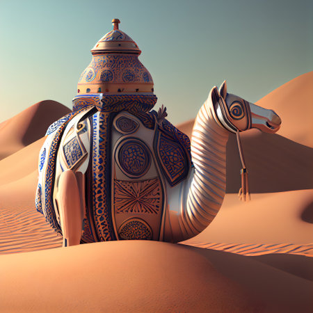 Arabian camel in the desert. 3D rendering. Computer digital drawing.の素材