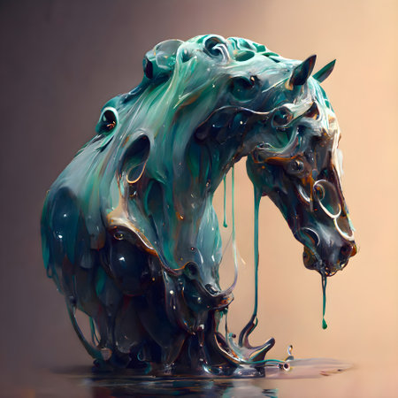 Horse made of glass with water splashes on a brown backgroundの素材