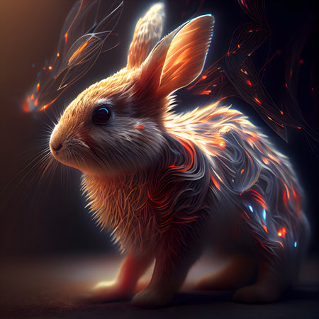 Rabbit with fire on a black background. 3d rendering.の素材