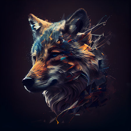 Illustration of a wolf head with broken glass effect on a dark backgroundの素材