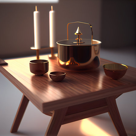 3d rendering of a tea set in a wooden table with candlesの素材