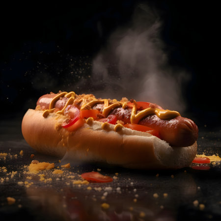 Hot dog with mustard and ketchup on a black background with smokeの素材