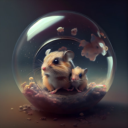 Hamster and mouse in a glass ball. 3D rendering.の素材