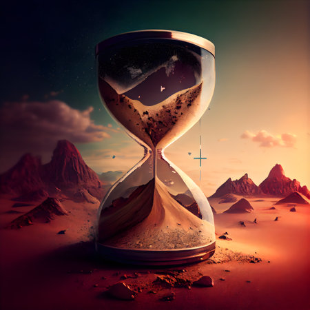 Hourglass in desert. Time passing concept. 3D Renderingの素材