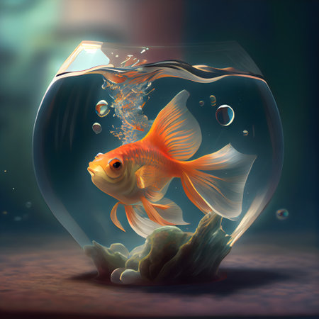Goldfish in a round glass aquarium with bubbles. 3d renderingの素材