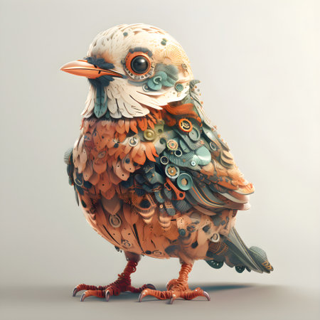 Cute colorful bird isolated on gray background. 3d illustration.の素材