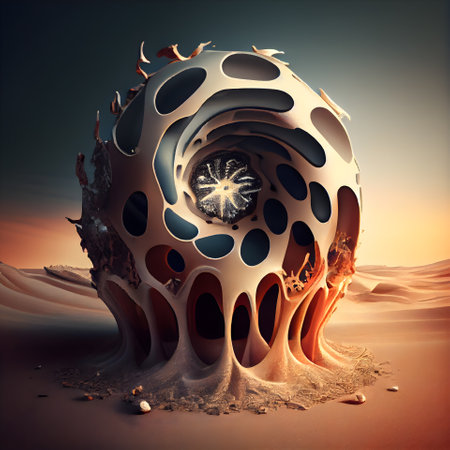 3d illustration of a surreal alien planet in the desert at sunsetの素材