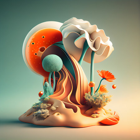 3d illustration of abstract fantasy landscape with flowers and planet. 3d renderingの素材