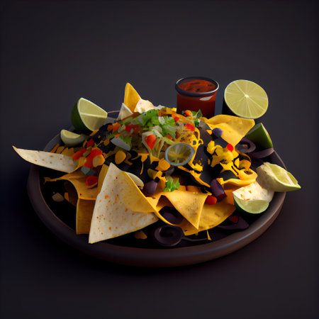 Mexican guacamole with nachos chips and sour creamの素材