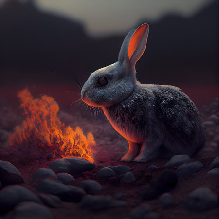 Rabbit with a fire in the background. 3D rendering.の素材