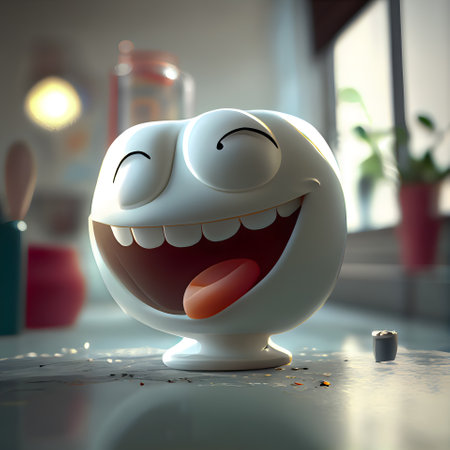 3d illustration of a white smiley with eyes and mouth on the tableの素材
