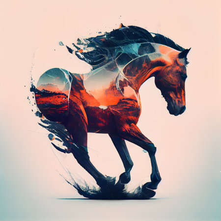 Horse running with color splashes on white background. Digital illustrationの素材