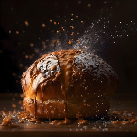 Bun with sesame seeds and sprinkled with flour on a black backgroundの素材