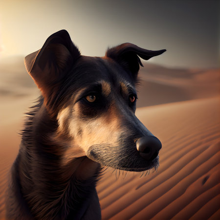 dog in the desert at sunset; 3d rendering and illustration.の素材