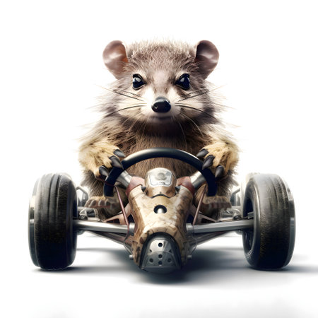 raccoon on a racing car isolated on a white background.の素材