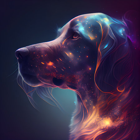 Digital Illustration of a Golden Retriever with Colorful Fireの素材