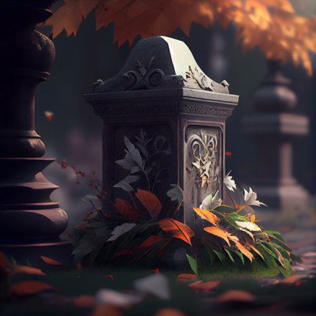 Grave with tombstone and autumn leaves. 3d illustration.の素材