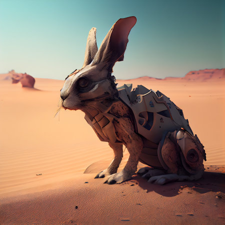 rabbit in the desert; 3d rendering. Computer digital drawing.の素材