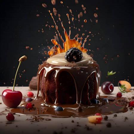 Chocolate ball with nuts and chocolate sauce splashing on black backgroundの素材