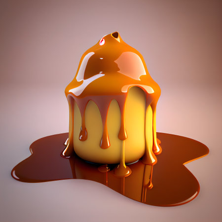 Piece of cake with caramel sauce on a brown background. 3d renderingの素材
