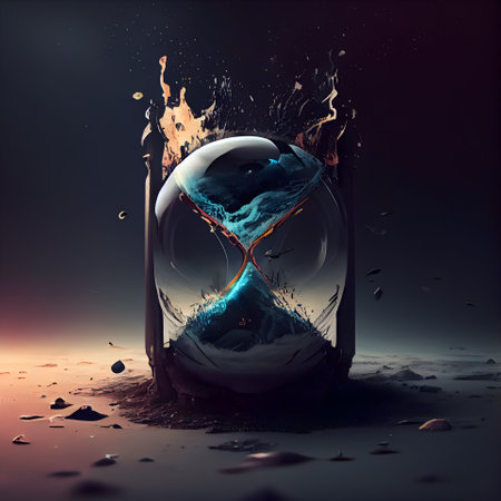 3d illustration of an hourglass with water splashes on a dark backgroundの素材