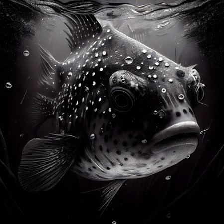Black and white image of a fish on a black background with water dropsの素材