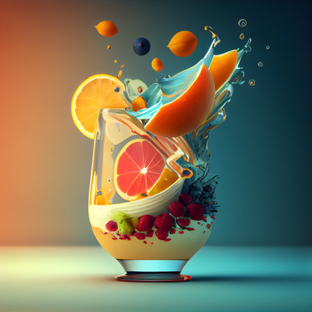 Fruit splashing into a glass of juice. 3d renderingの素材