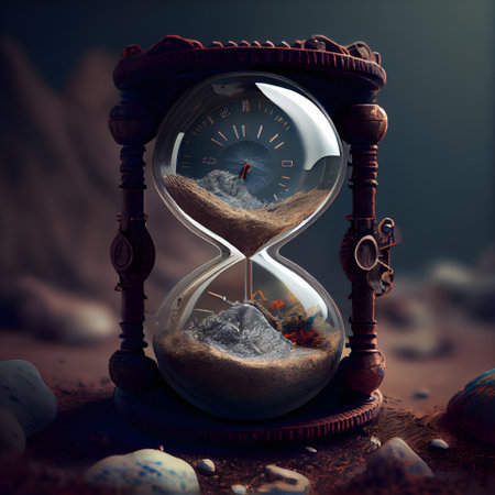 Hourglass with sand and mountains in the background. 3d renderingの素材