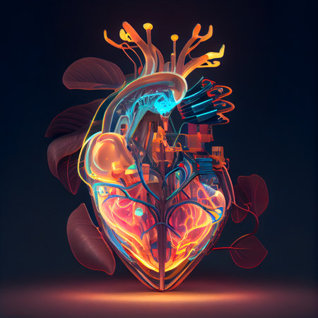 Human heart in neon light on dark background. 3D illustration.の素材