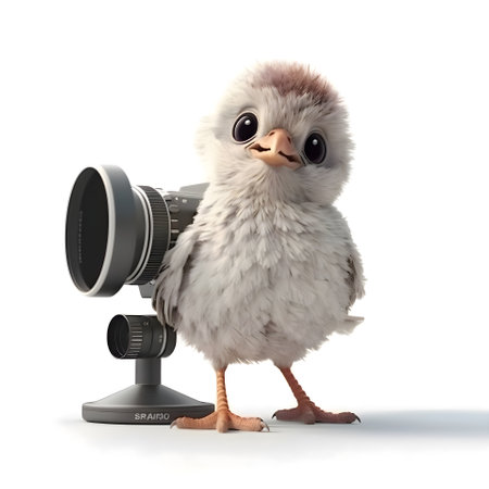 Crow with camera isolated on white background. 3D illustration.の素材