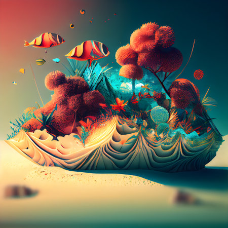 Underwater world with fish and coral. 3d render illustration.の素材