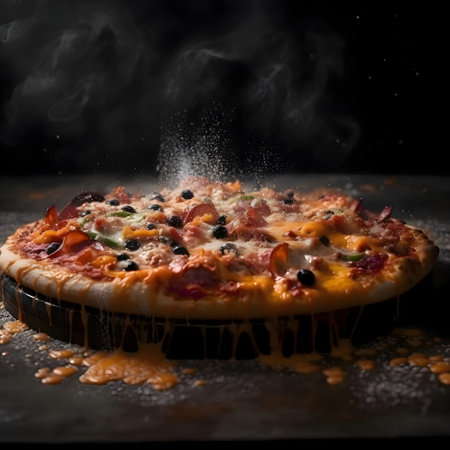 Pizza on a black plate with smoke on a black background.の素材