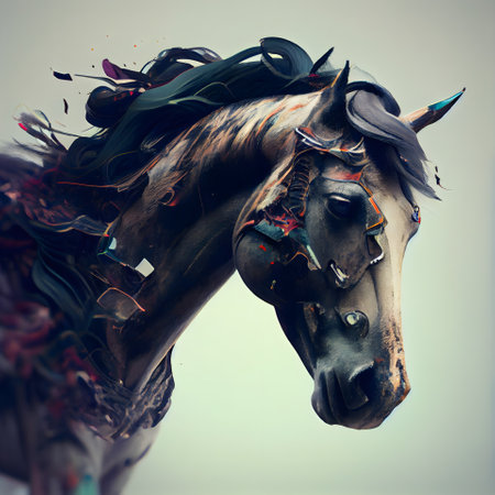 Head of a horse with multicolored splashes of paint.の素材