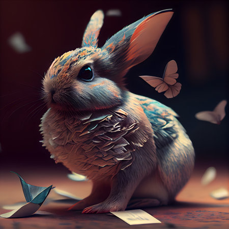 Rabbit with a butterfly on the background. 3d rendering.の素材