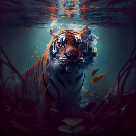 Tiger in the water. Underwater world. 3d renderingの素材