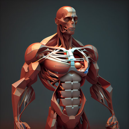 3D render of a male anatomy with muscles and circulatory systemの素材