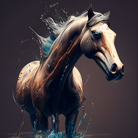 3d rendering of a horse with splashes of water on a dark backgroundの素材