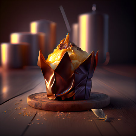 Chocolate cake and chocolate candies on a wooden background. 3d renderingの素材