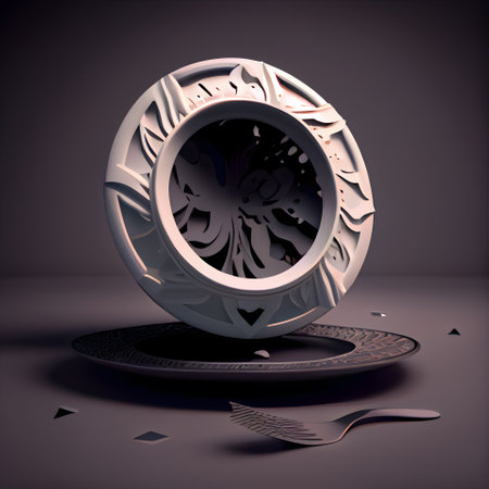 3d illustration of a metal plate with cutlery on a dark backgroundの素材