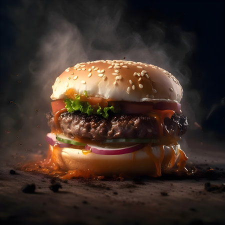 Hamburger with smoke on a black background. Close-up.の素材